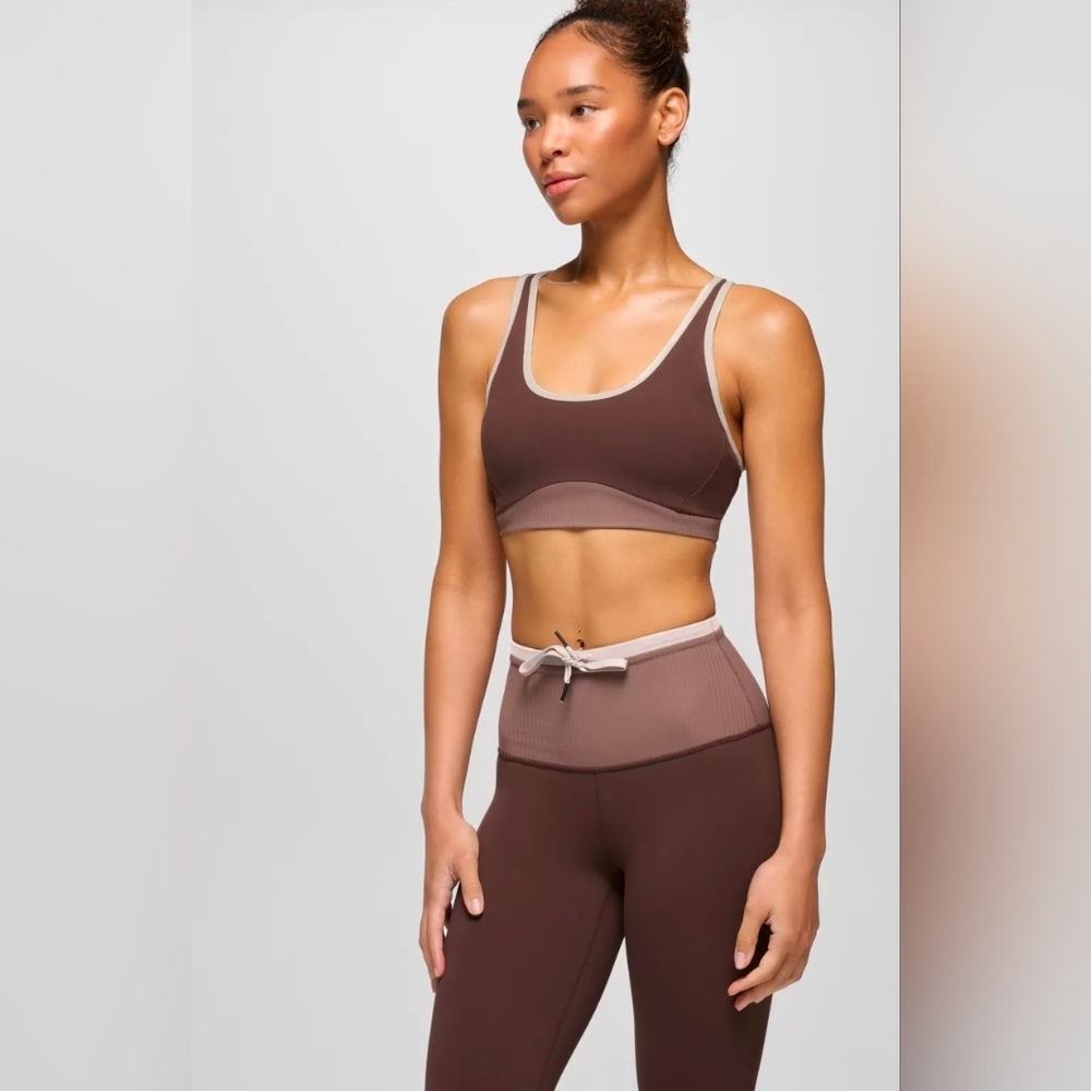 prAna Luxara Salutations Bra Size XL Fits 16 Mocha Colorblock Stretch